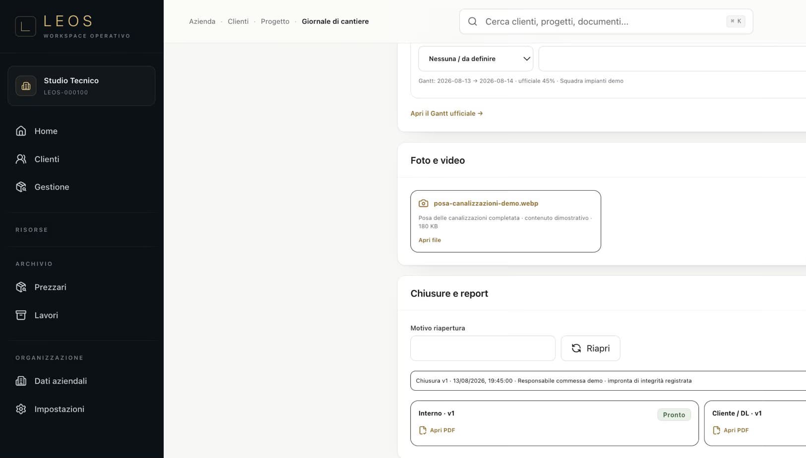 Chiusure e report reali del Giornale di cantiere LEOS con versione e hash