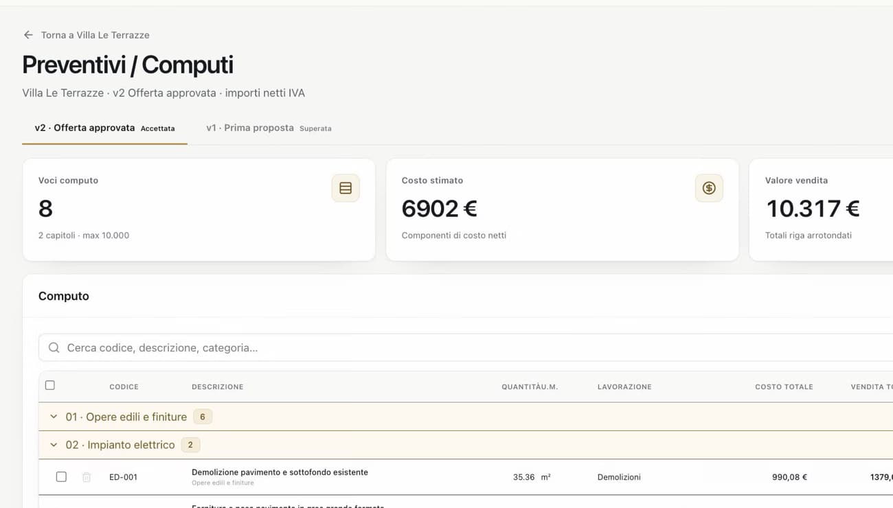 Computo metrico LEOS con capitoli quantità costi e vendita