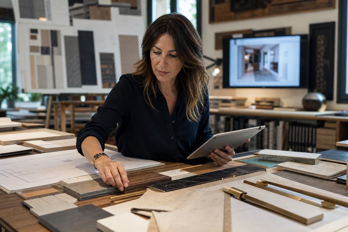 Architetta di interni che seleziona materiali e finiture nel proprio studio