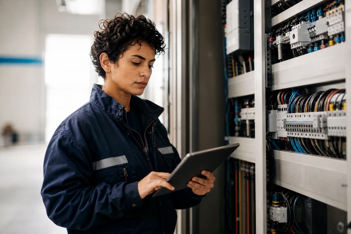Impiantista elettrica che controlla misure e prodotti davanti a un quadro elettrico