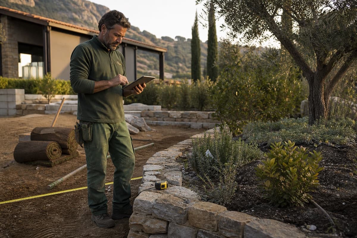 Giardiniere paesaggista che verifica le misure di un giardino con un tablet