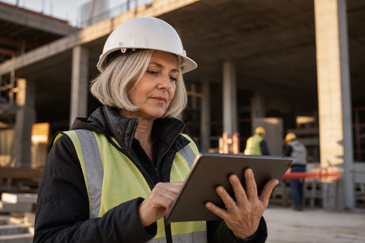 Imprenditrice edile che controlla tempi e costi su un tablet in cantiere