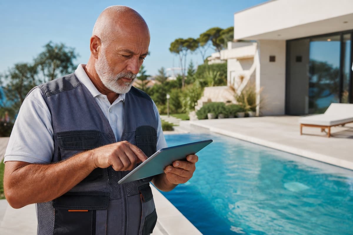 Professionista delle piscine che consulta catalogo e tablet in cantiere