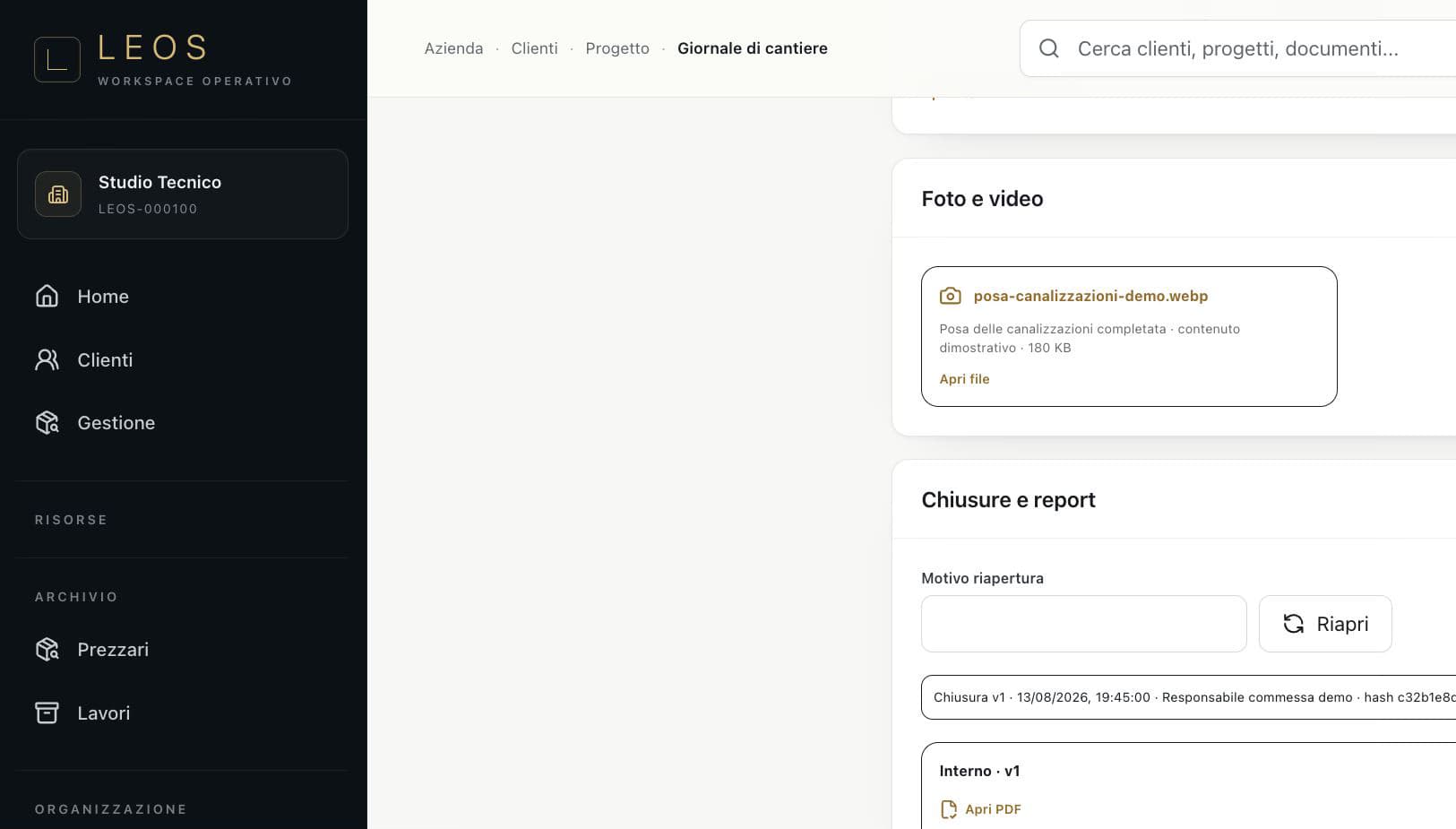 Chiusure e report reali del Giornale di cantiere LEOS con versione e hash