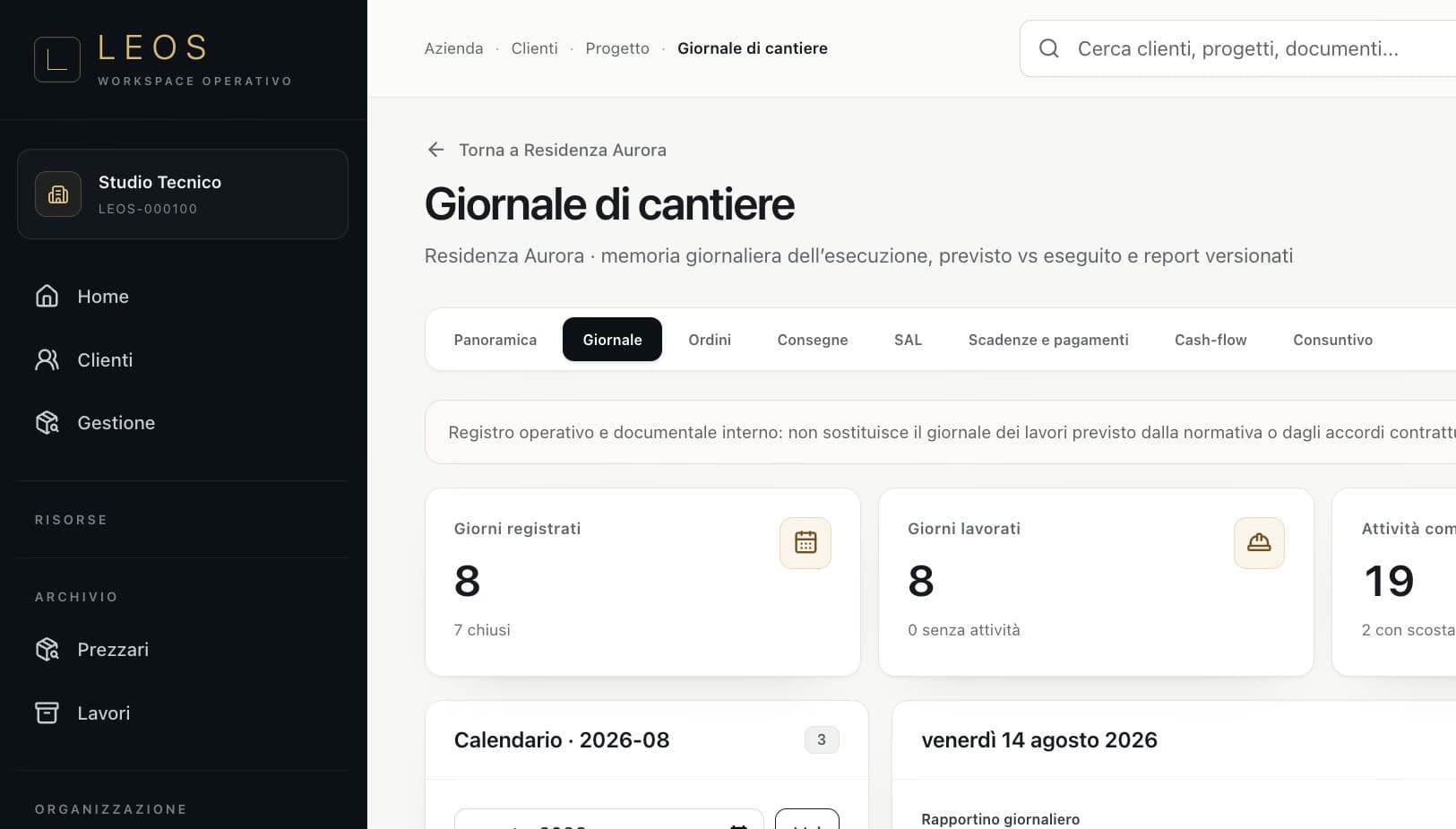 Rapportino giornaliero reale di LEOS con calendario, meteo e squadre